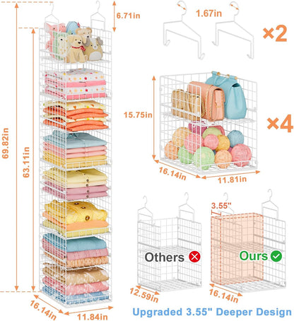 8-Tier Extended Depth Hanging Closet Organizers and Storage for Closet System, Stackable Closet Shelves with 4 Adjustable Dividers for Clothes Sweaters Purses, Wire Hanging Basket Fits Closet Laundry