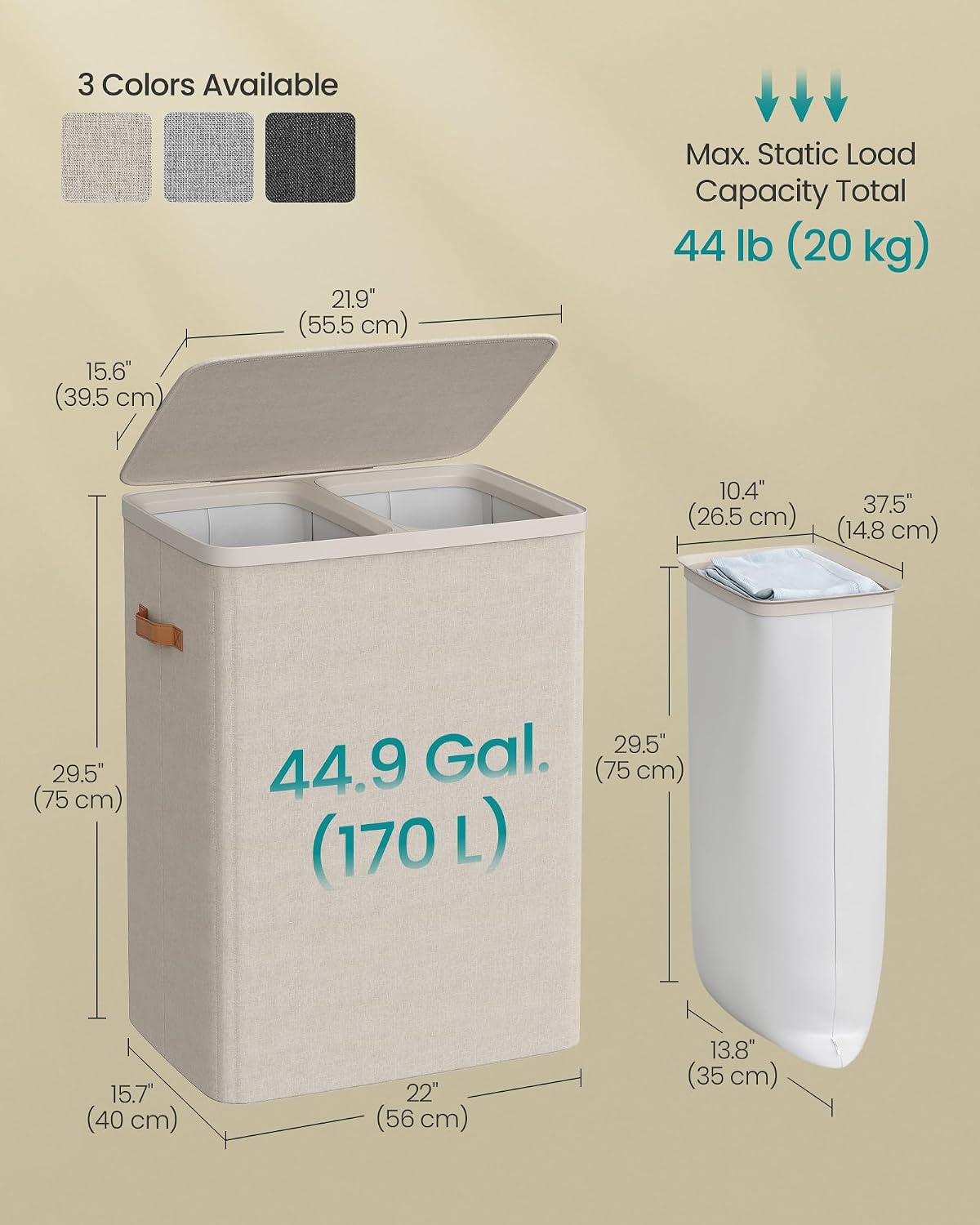 SONGMICS Laundry Basket, 50.2 Gal. Laundry Hamper, 3 Compartments, Easy Assembly, with Lid and Handles, Removable Liners, 25.2 x 15.7 x 29.5 Inches, Cappuccino Beige ULCB814LH01