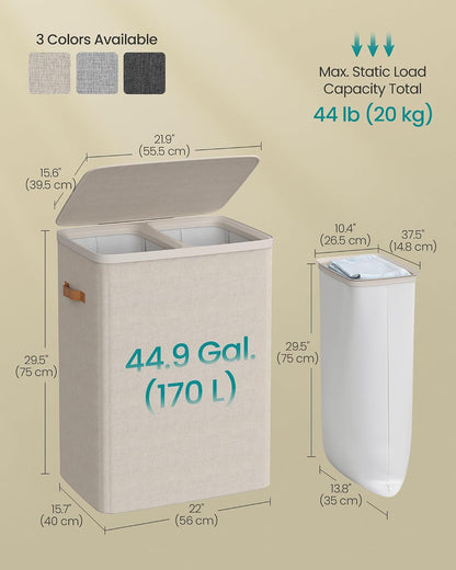 SONGMICS Laundry Basket, 50.2 Gal. Laundry Hamper, 3 Compartments, Easy Assembly, with Lid and Handles, Removable Liners, 25.2 x 15.7 x 29.5 Inches, Cappuccino Beige ULCB814LH01
