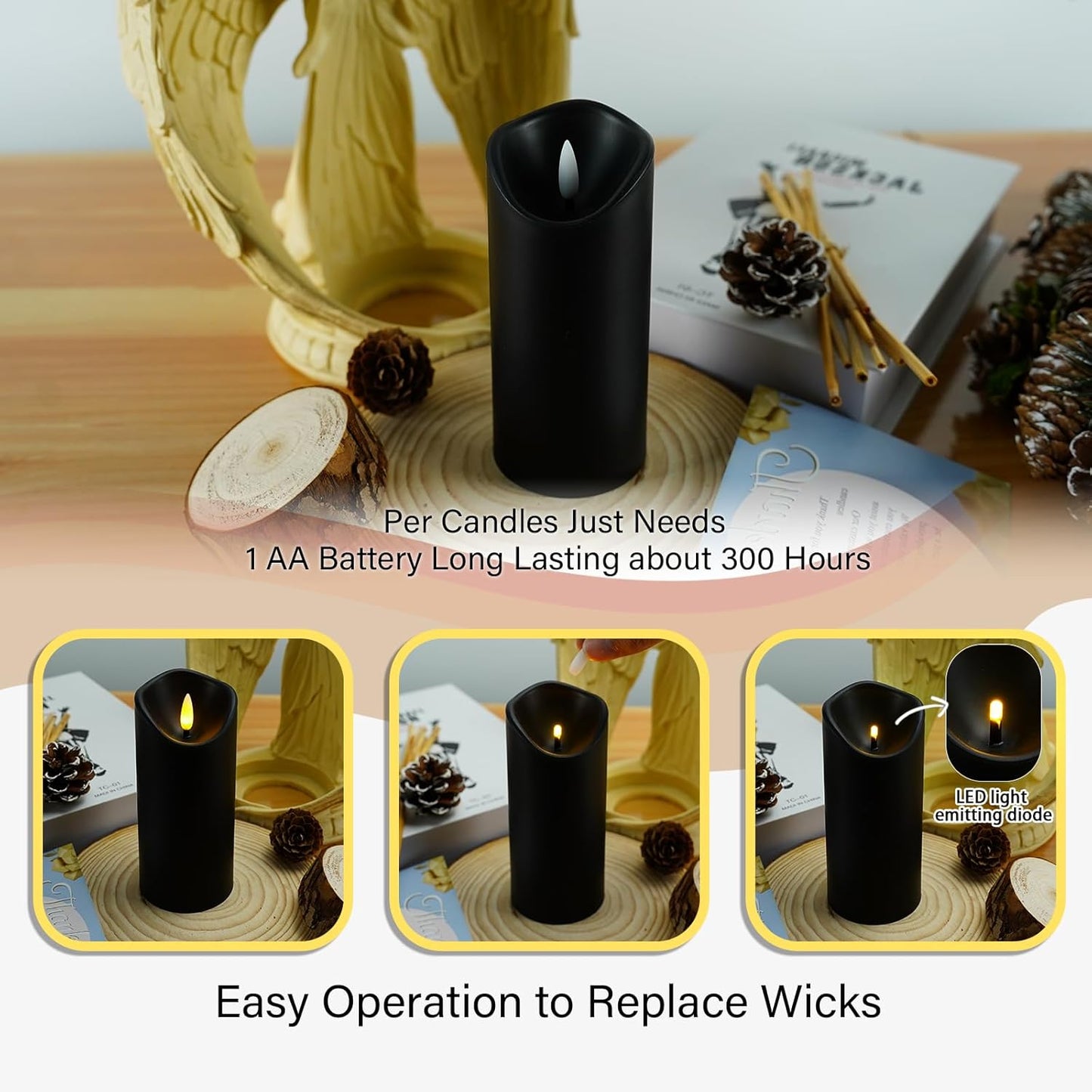 kakoya Flickering Flameless Candles Battery Operated with Remote and 2/4/6/8 H Timer Plexiglass Led Pillar Candles Pack of 9(D2.3 xH5.5 6.5" 7.5") with Realistic 3D Wick Candles for Home Decor(Ivory)