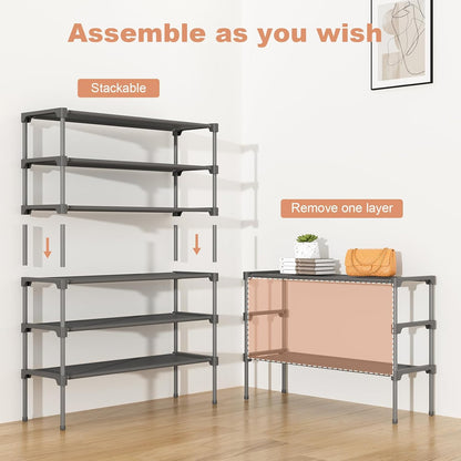 32.3" Widening Design Shoe Rack for Closet 16 Pairs Small Spaces Non-Woven 3 Tier Shoe Organizer Stackable Metal Shoe Shelf for Entryway, Bedroom