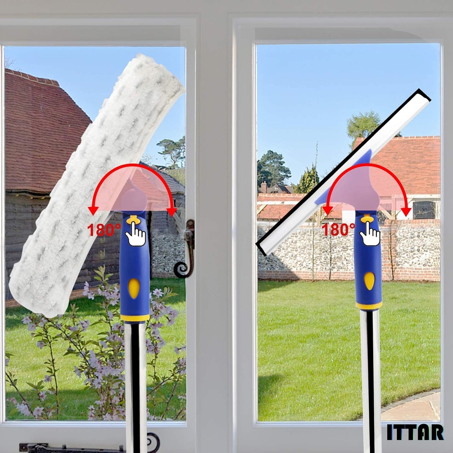 ITTAR Window Squeegee with 86 Inch Extension Pole, Rotatable Window Cleaning Kit with Long Handle, Rubber Blade & Microfiber/Chenille Pads Glass Cleaner Tool for Outdoor Windows, Glass, Car