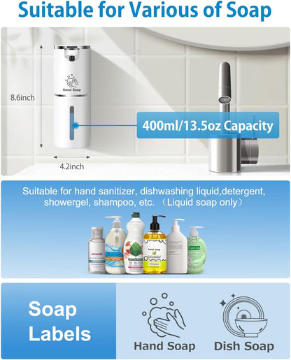 Automatic Foaming Soap Dispenser Touchless, Digital Display 9-Level Adjustable Smart Hand & Dish Soap Dispenser, USB Rechargeable, 13.5oz/400mL Wall Mounted for Bathroom Kitchen, Hotel, Restaurant