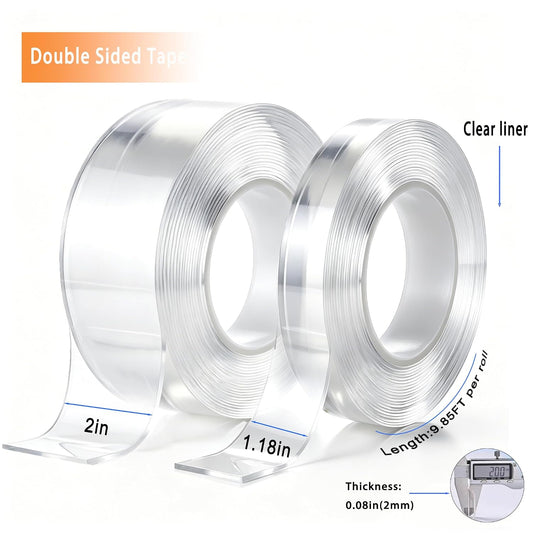 2 Rolls Double Sided Tape Heavy Duty - 240" x 2" & 0.8" - Removable Nano Tape for Walls, Used for Poster, Picture Hanging, Outdoor Multifunctional Mounting Tape (Clear, 2" x 10 Feet & 0.8" x 10 Feet)