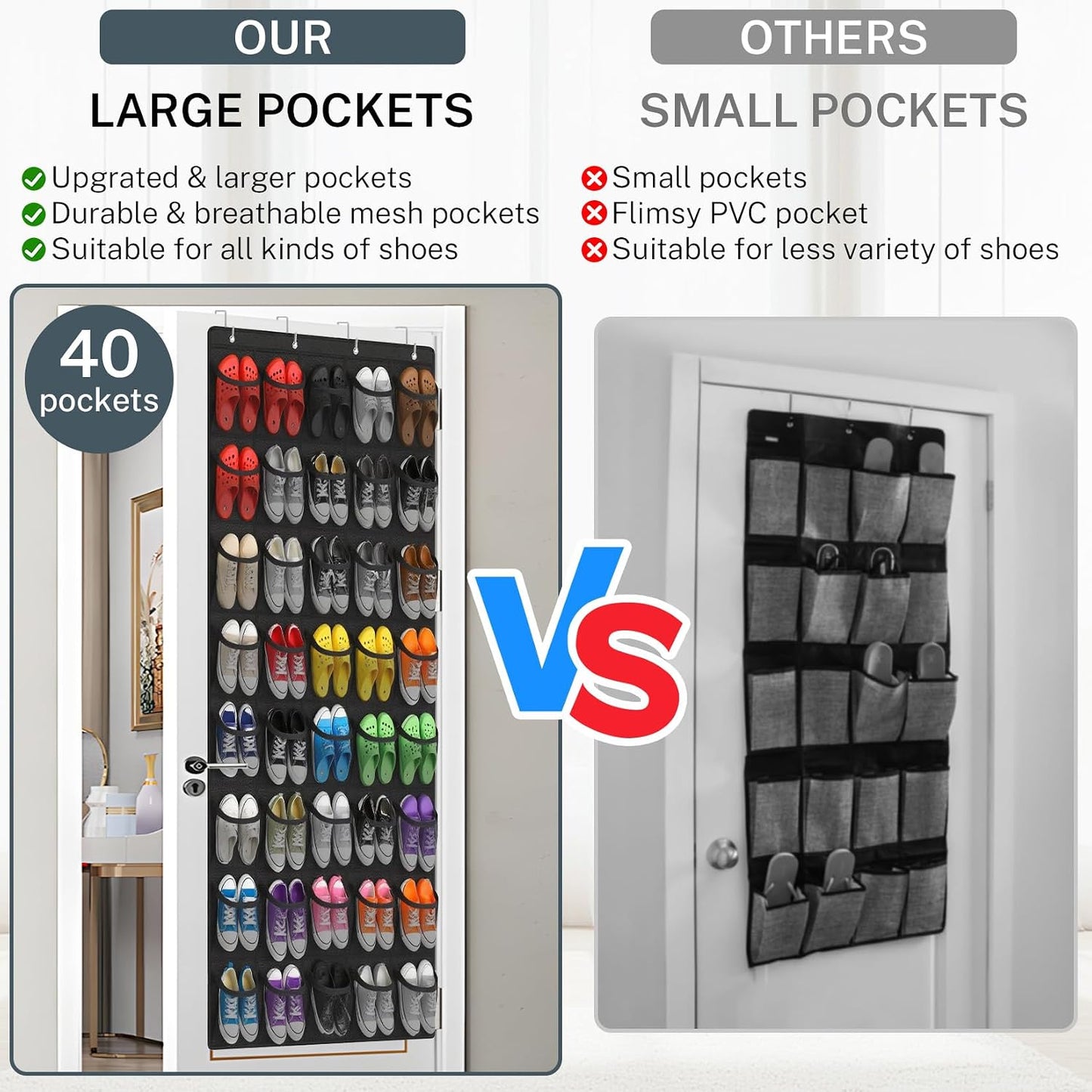 40 Large Mesh Pocket Over the Door Shoe Organizer,Hanging Shoe Rack for Door,Hualleko Shoes Organizer Hanger with Large Capacity, Shoes Storage Holder Sturdy Non-woven Fabric - Stores 20 Pairs (White)