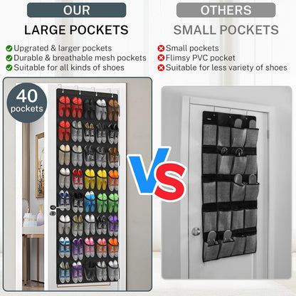 40 Large Mesh Pocket Over the Door Shoe Organizer,Hanging Shoe Rack for Door,Hualleko Shoes Organizer Hanger with Large Capacity, Shoes Storage Holder Sturdy Non-woven Fabric - Stores 20 Pairs (White)