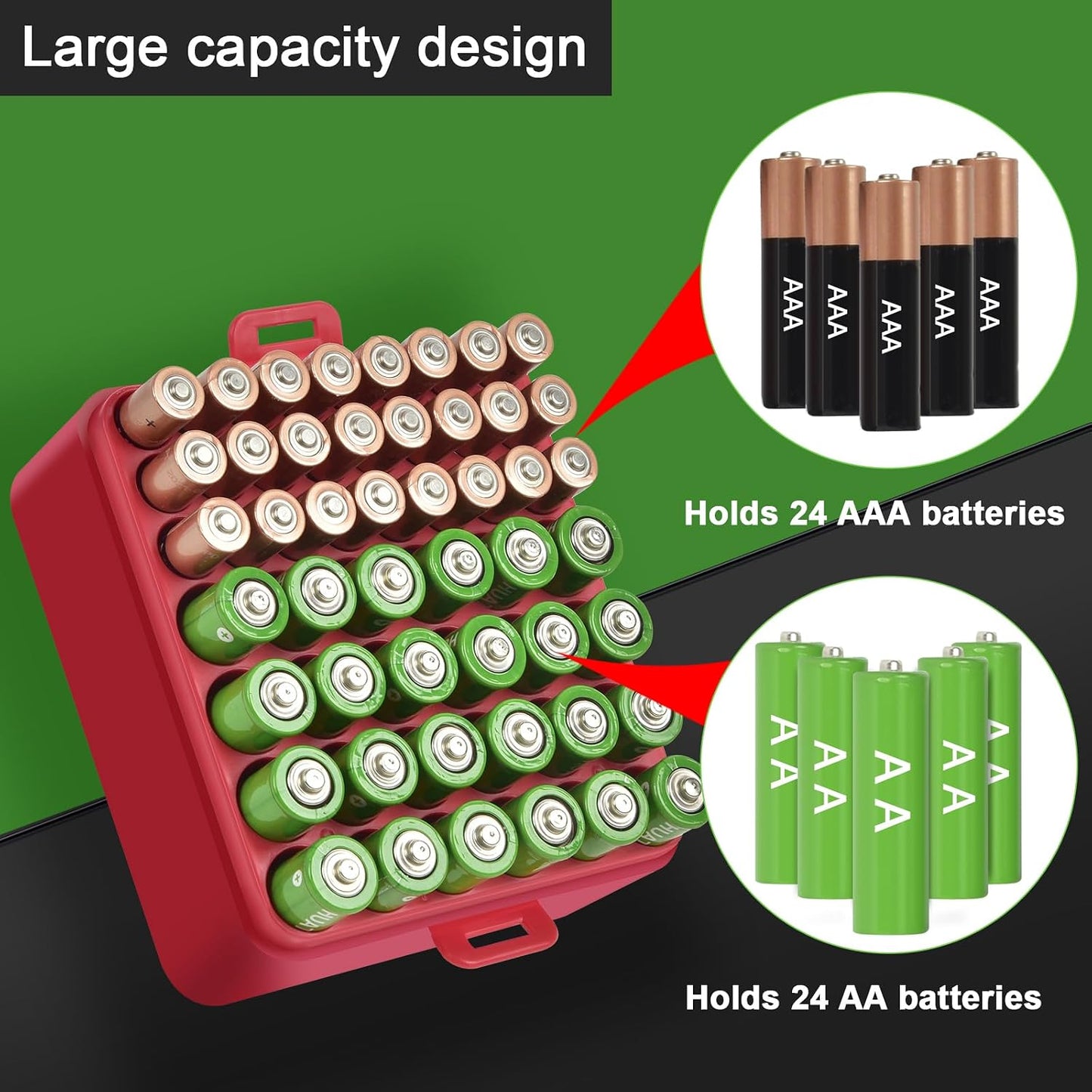 ALCYON Battery Organizer Storage Case, Battery Vault Box Container for 48pcs AA Batteries, Plastic Clear Protective Battery Holder for Travelling/Home/Office (Black, Large)