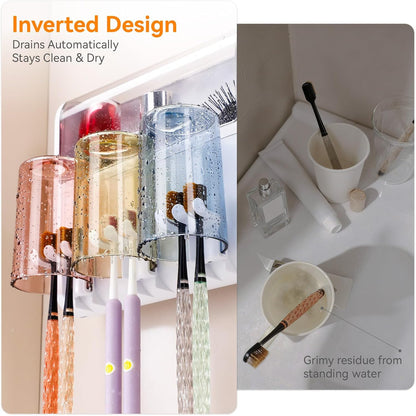 Toothbrush Holder Wall Mounted with Automatic Toothpaste Dispenser, Dustproof Flip Cover and Inverted Cup Slots, Multi-Functional No-Drill Bathroom Organizer for Family, Space Saver (3 Cups)