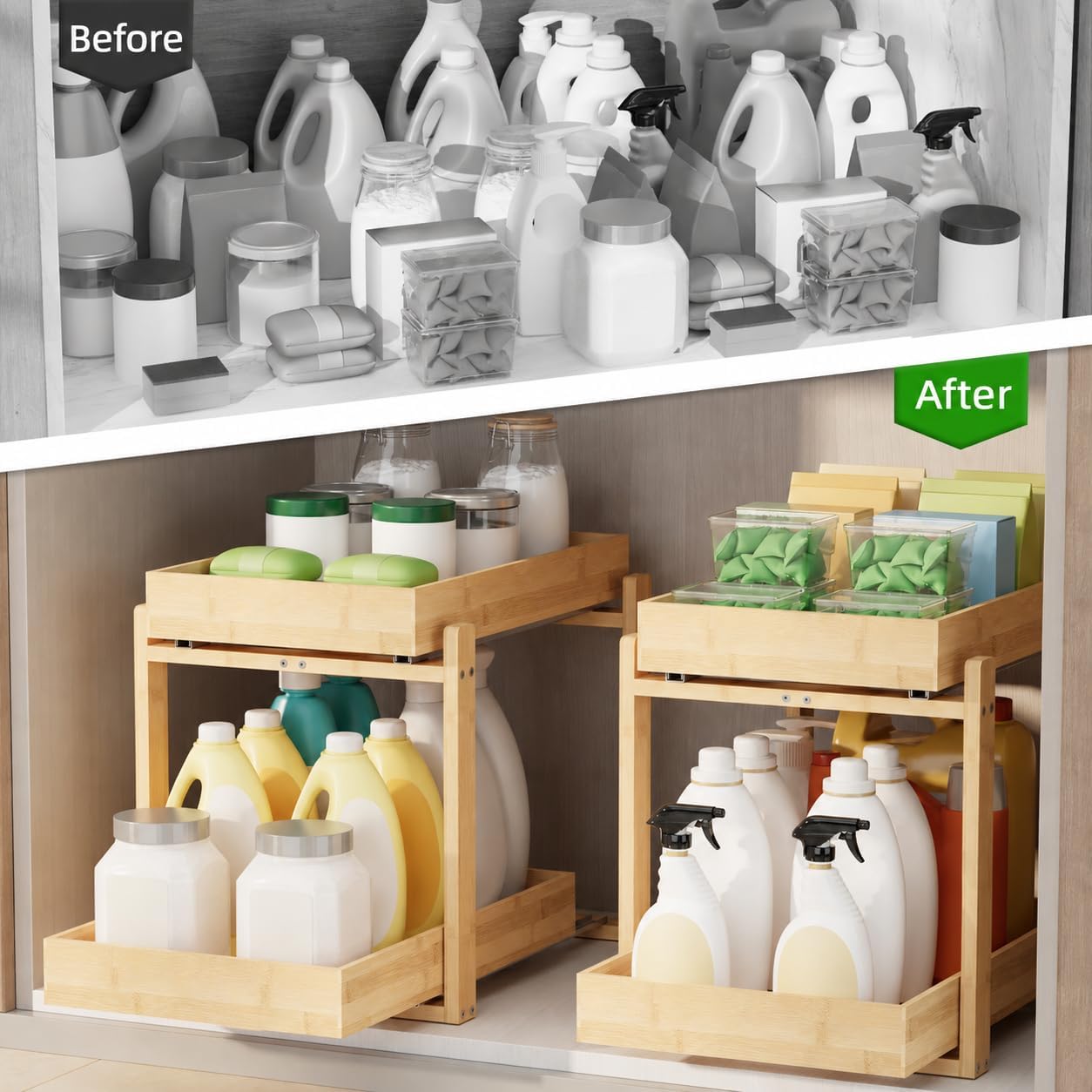 APRTAT 2 Pack Under Sink Organizer, Bamboo Wooden 2-Tier Pull-Out Storage with Sliding Drawers for Kitchen and Bathroom Cabinets, Easy Installation (Natural, 2 Packs)