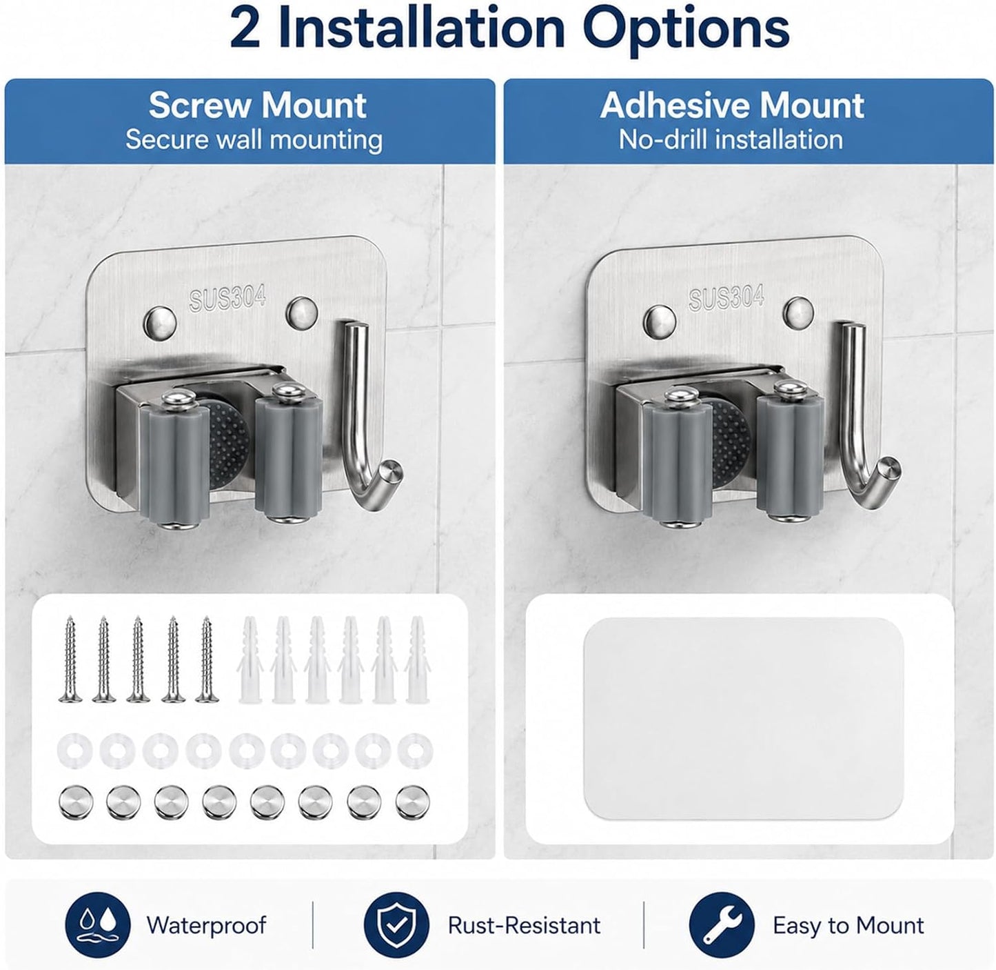 Broom Holder Wall Mount 4 Pack, Heavy Duty Mop and Broom Holder with Hooks, 304 Stainless Steel Broom Hanger, Self Adhesive or Screw Mount Organizer for Kitchen Laundry Garage