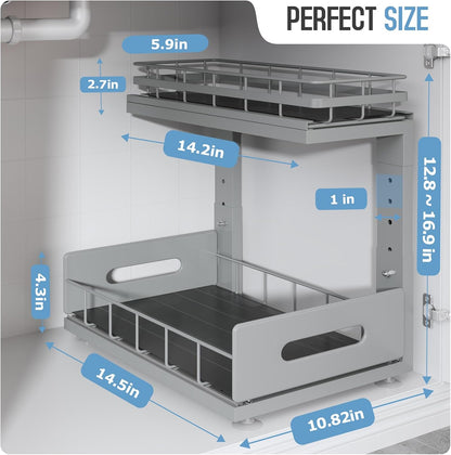 Under Sink Organizer Upgrade To Professional Rails,2-Tier Dual Pull Out Cabinet Storage,Height Adjustable Slide Out Drawers For Bathroom Kitchen,2 Pack-14.5" Dx12.8-16.9" H,White