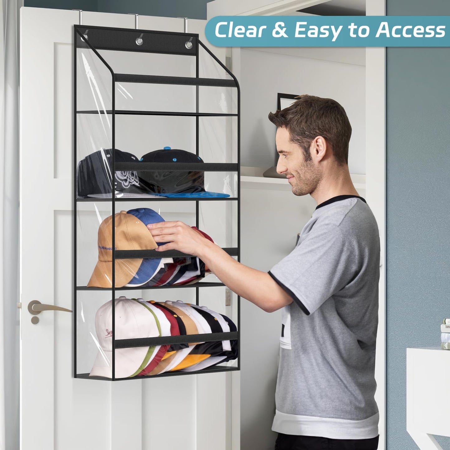 AOODA Clear Over the Door Hat Racks for Baseball Caps, Large Holds up to 72 Caps Hat Storage Organizer for Closet Wall, Deep Pockets Hanging Snapback Holder Shelves with 3 Hooks, White