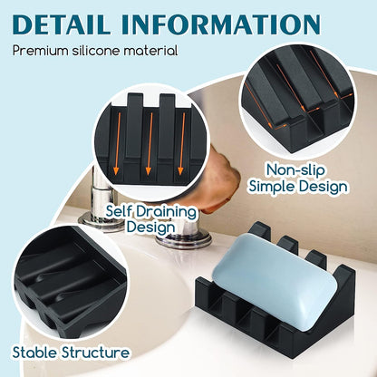 Self Draining Silicone Soap Dish Holder Waterfall Tray, 2 Pack Black | Waterfall design drains fast to keep soap dry, non-slip silicone base anti slide, soap saver for bathroom & kitchen