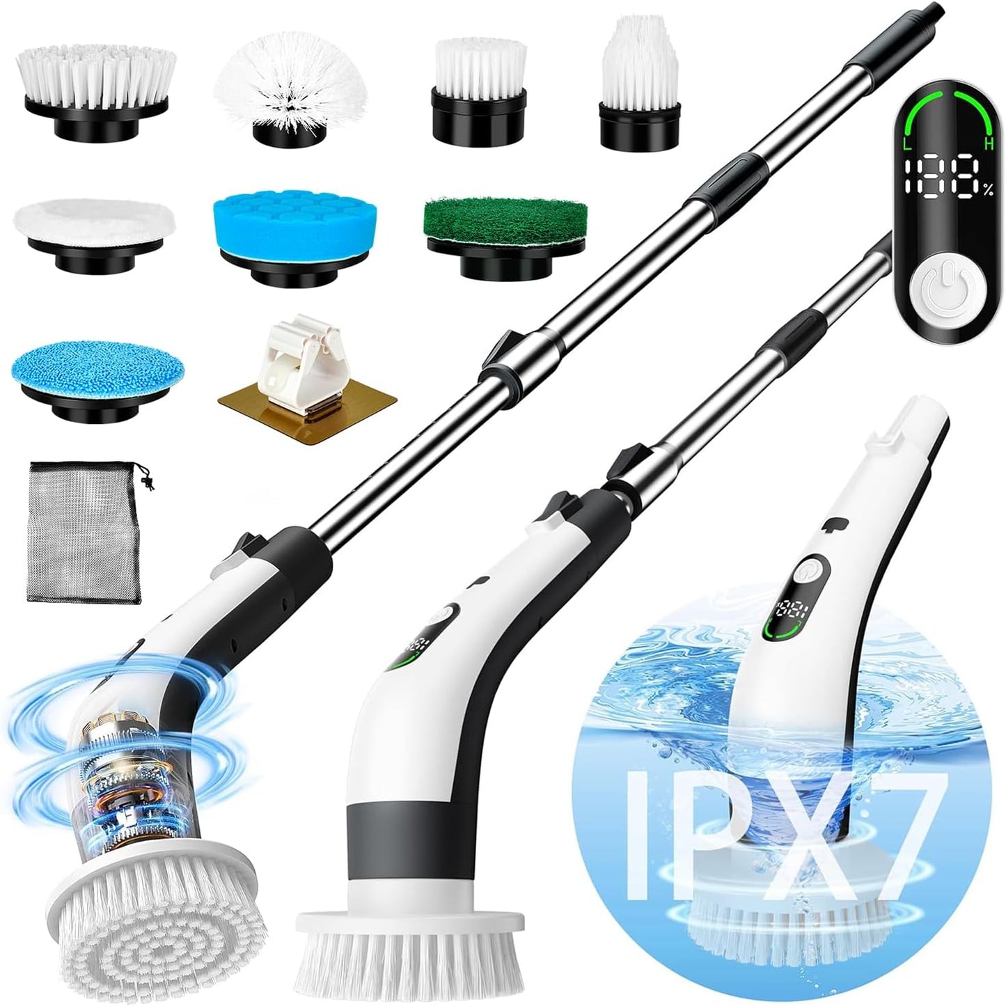 Cordless Electric Spin Scrubber with 8 Brush Heads Power Handheld Scrubber Cleaning & Shower with Adjustable Handle, IPX7 Waterproof for Shower Tile Grout Tub Tile Floor Bathroom Cleaning