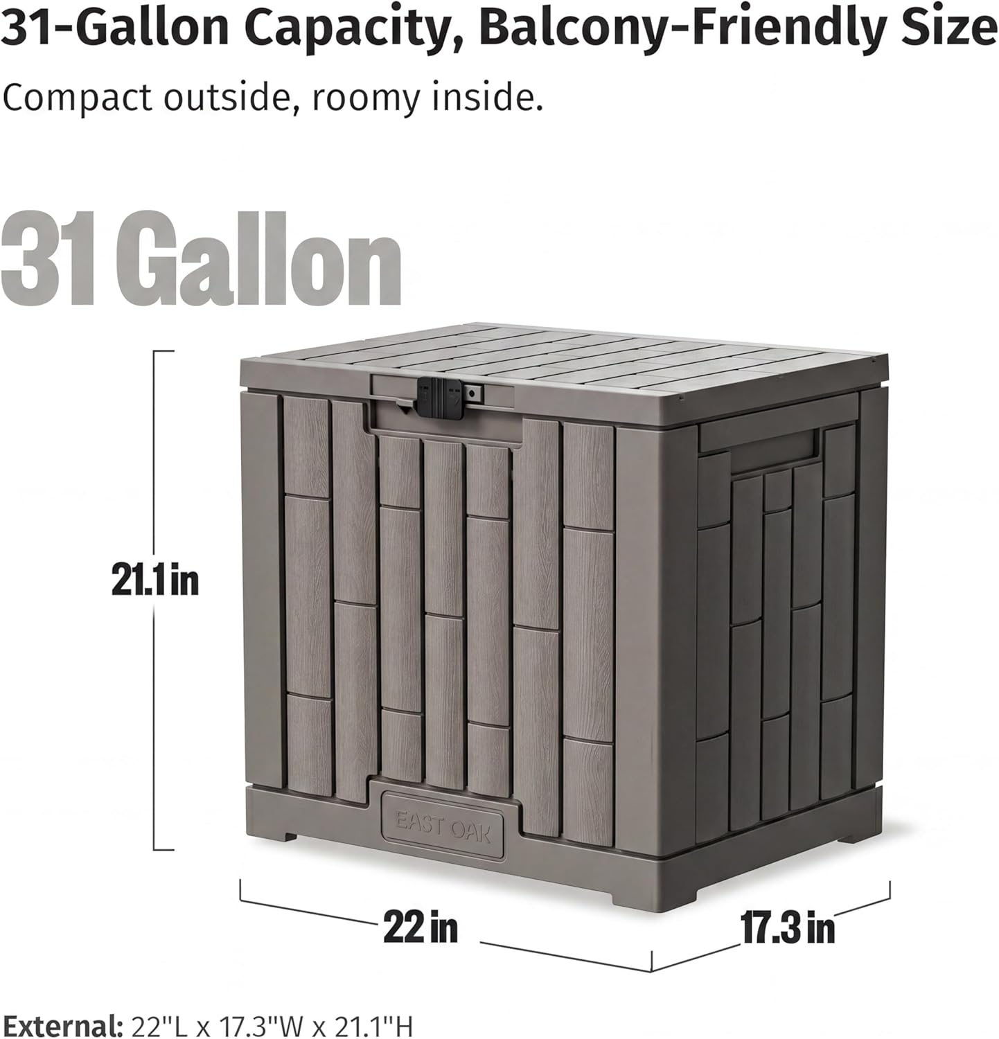 EAST OAK Outdoor Storage Box, 31 Gallon Deck Box Indoor and Outdoor Use, Waterproof Resin Storage Bin for Package Delivery, Patio Cushions, Gardening Tools, Lockable, UV Resistant, Grey