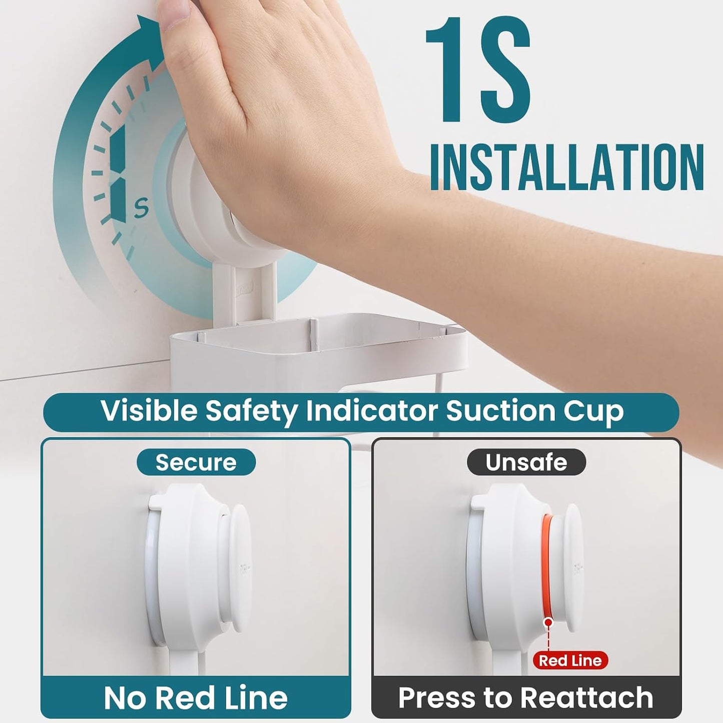 TAILI Upgraded Bathroom Mirror Suction Cup Toothbrush Holder with Razor Hook, Visible Safety Indicator, Large Capacity Inverted Trapezoid Design, Removable Shower Caddy for Toothbrush, Toothpaste, etc