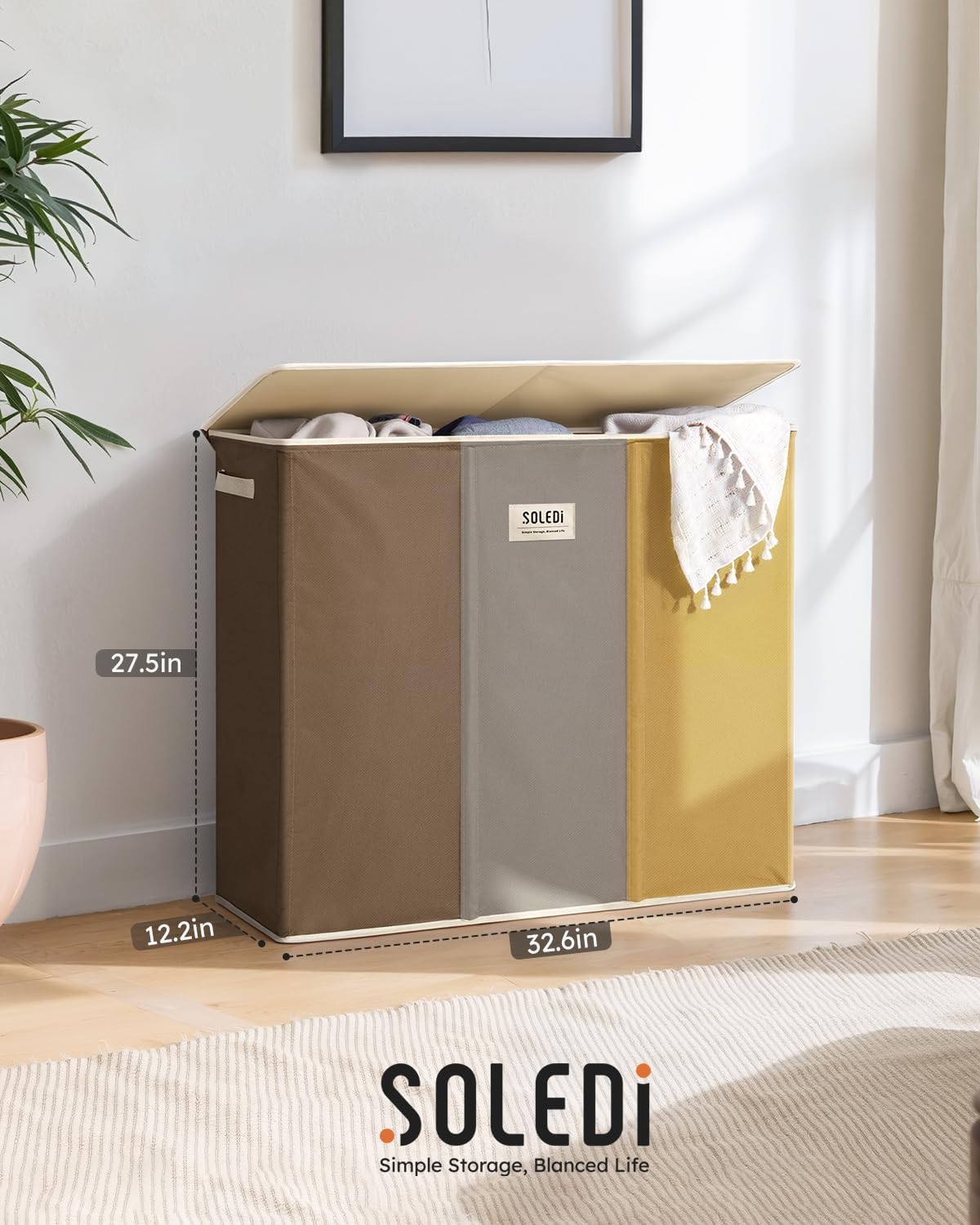 SOLEDI 180L Laundry Hamper 3 Section, Extra Large Laundry Hamper with Lid, Dirty Clothes Hamper with Sturdy Handle, Large Laundry Basket Organizer for Laundry Room, Bedroom, Hampers for Laundry