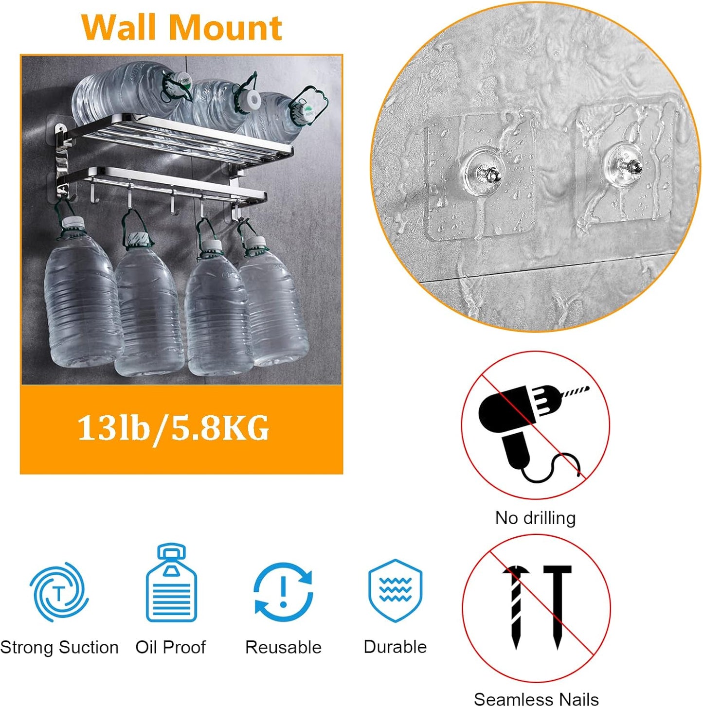 Large Adhesive Hooks for Hanging Heavy Duty 60Ib(Max) 8 Packs, Waterproof & Rustproof Wall Hangers Without Nails for Kitchen, Bathroom, Home, Office, Coat, Towel, Plant, Transparent