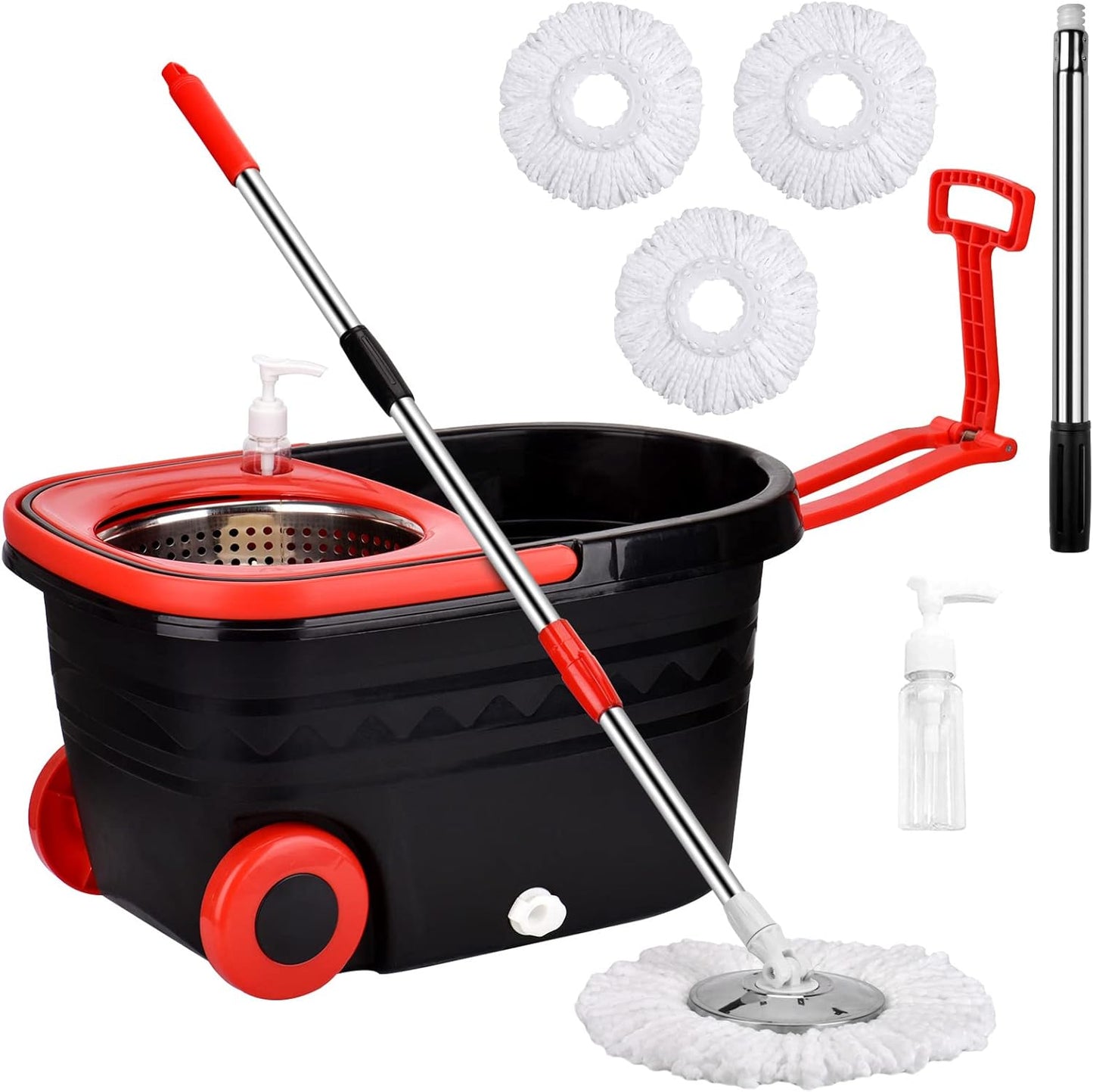 Spin Mop and Bucket with Wringer Set, 360° Spinning Mop Bucket System with 3 Microfiber Mop Replacement Heads and 50" Stainless Steel Adjustable Handle for Floor Cleaning