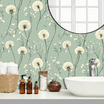 Dandelion Floral Peel and Stick Wallpaper Green Self Adhesive Removable Vinyl Wallpaper Botanical Floral Watercolor Boho Accent Wall for Bedroom Living Room Nursery 17.7" X 118"