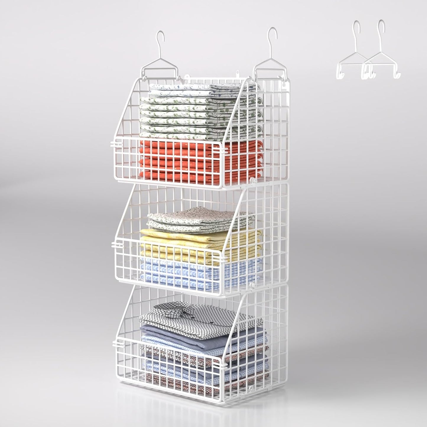 PUPPYCUTE Larger & Deeper Hanging Storage Basket, Closet Organizers and Storage, Hanging Shelves Wire Baskets for Clothing Sweaters Purse Handbags Shoes Black 3 Tier
