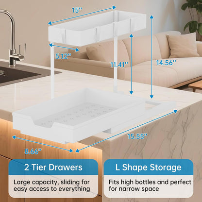 NATURE'S SOURCE 2 Pack Under Sink Organizer 2 Tier Sliding Cabinet Organizers Multi-Purpose Sink Storage Basket L-Shape Narrow Space Storage Shelves with 4 Hook for Kitchen Bathroom Drawer, Black