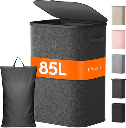 Lifewit 165L Large Laundry Basket with Lid, Laundry Hamper with Plastic Handles and Removable Bag, Foldable Tall Dirty Clothes Hampers for Laundry for Laundry Room, Bedroom, Bathroom, Dorm, Beige