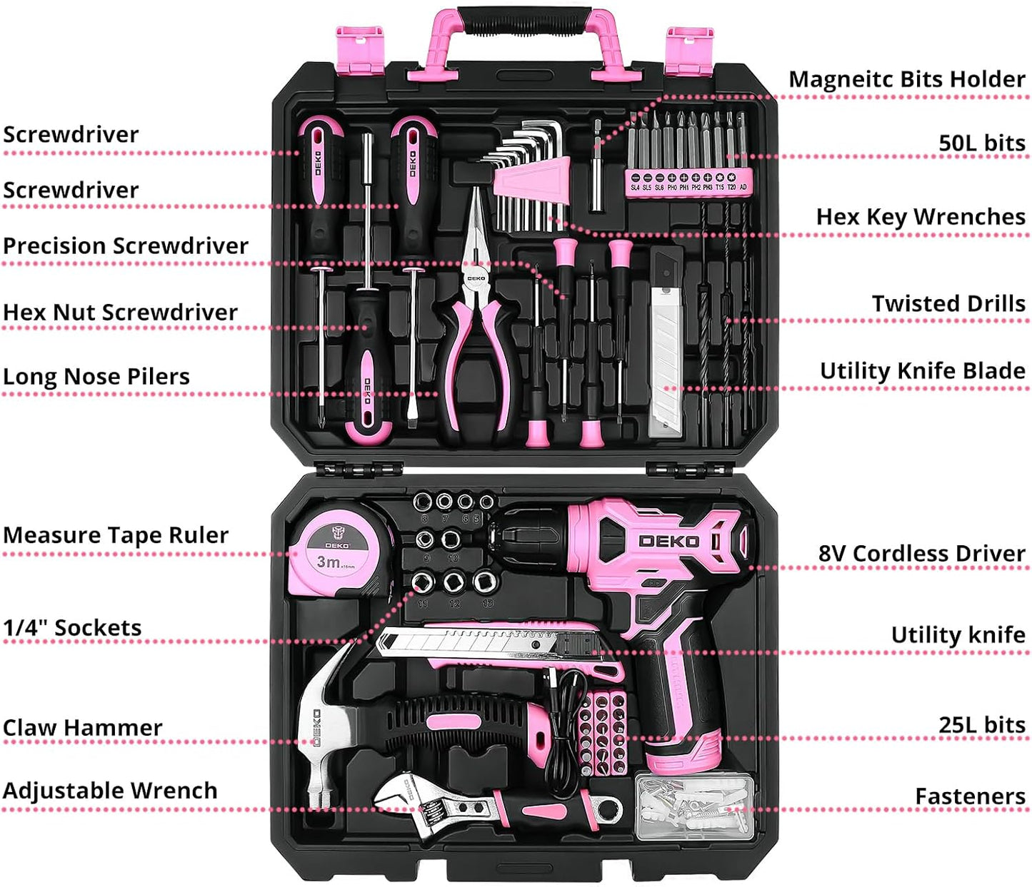 DEKOPRO Tool Set：Tool Kit with 8V Cordless Drill,Tool Box with Drill,Hand Drill Set for Men & Women,Home Tool Kits for House Repair,Handyman,DIY 126 Piece
