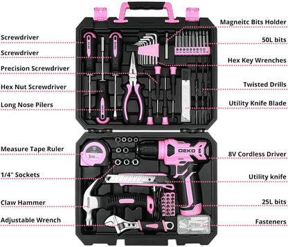 DEKOPRO Tool Set：Tool Kit with 8V Cordless Drill,Tool Box with Drill,Hand Drill Set for Men & Women,Home Tool Kits for House Repair,Handyman,DIY 126 Piece