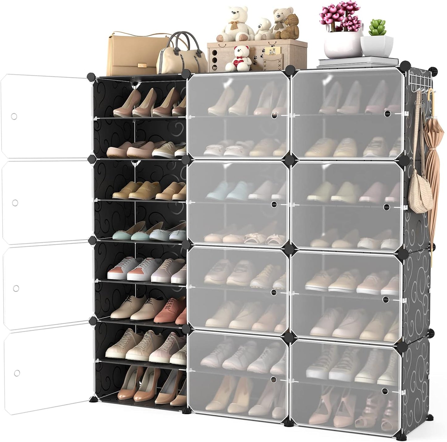 Portable Shoe Rack Organizer with Door, 96 Pairs Shoe Storage Cabinet Easy Assembly, Plastic Adjustable Shoe Storage Organizer Stackable Detachable Free Standing DIY Expandable 12 Tier Black