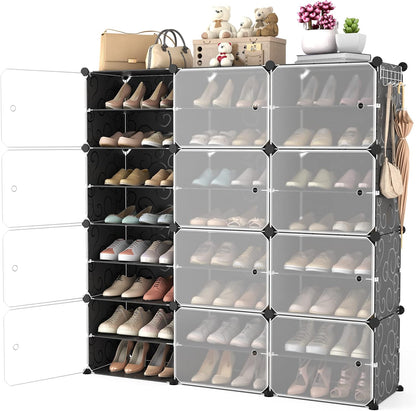 Portable Shoe Rack Organizer with Door, 96 Pairs Shoe Storage Cabinet Easy Assembly, Plastic Adjustable Shoe Storage Organizer Stackable Detachable Free Standing DIY Expandable 12 Tier Black