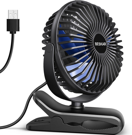 BESKAR Clip on Fan, Portable Small Desk Fans with Strong Airflow, 3 Speeds with Personal Fans Sturdy Clamp, Quiet Desk Fan & Clip Fan with USB Cord Powered - No Battery