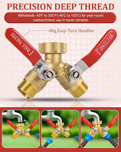 Garden Hose Splitter Way Heavy Duty, Brass Water Hose Splitter With 304 Stainless Steel Long Handle, 3/4 Inch GHT Thread Hose Y Splitter With Shutoff Hose Splitter Adapter (Include Teflon Tape)