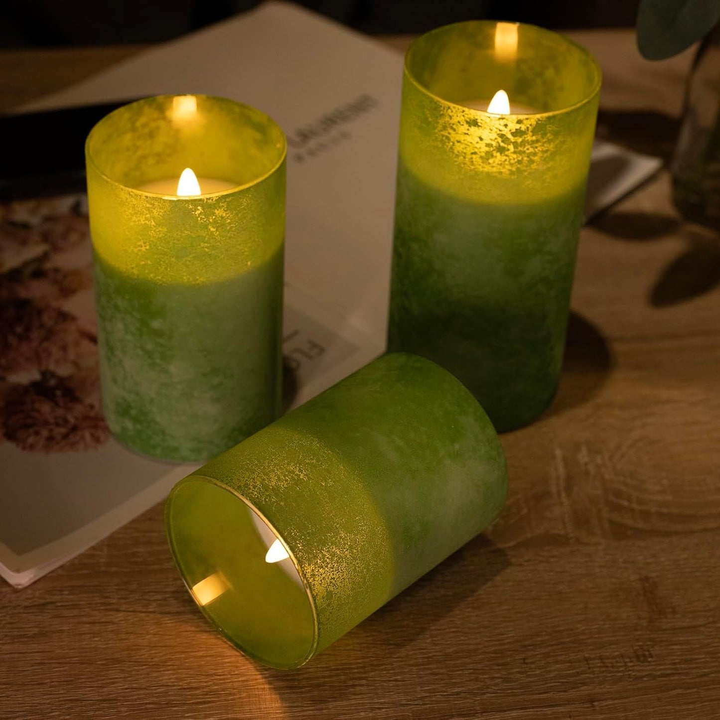 Blue Flameless Candles with Remote, Real Wax Glass Battery Operated Candles with Timer, LED Pillar Candle for Bedroom Home Wedding Birthday Party Fall Halloween Christmas Decorations, Set of 3