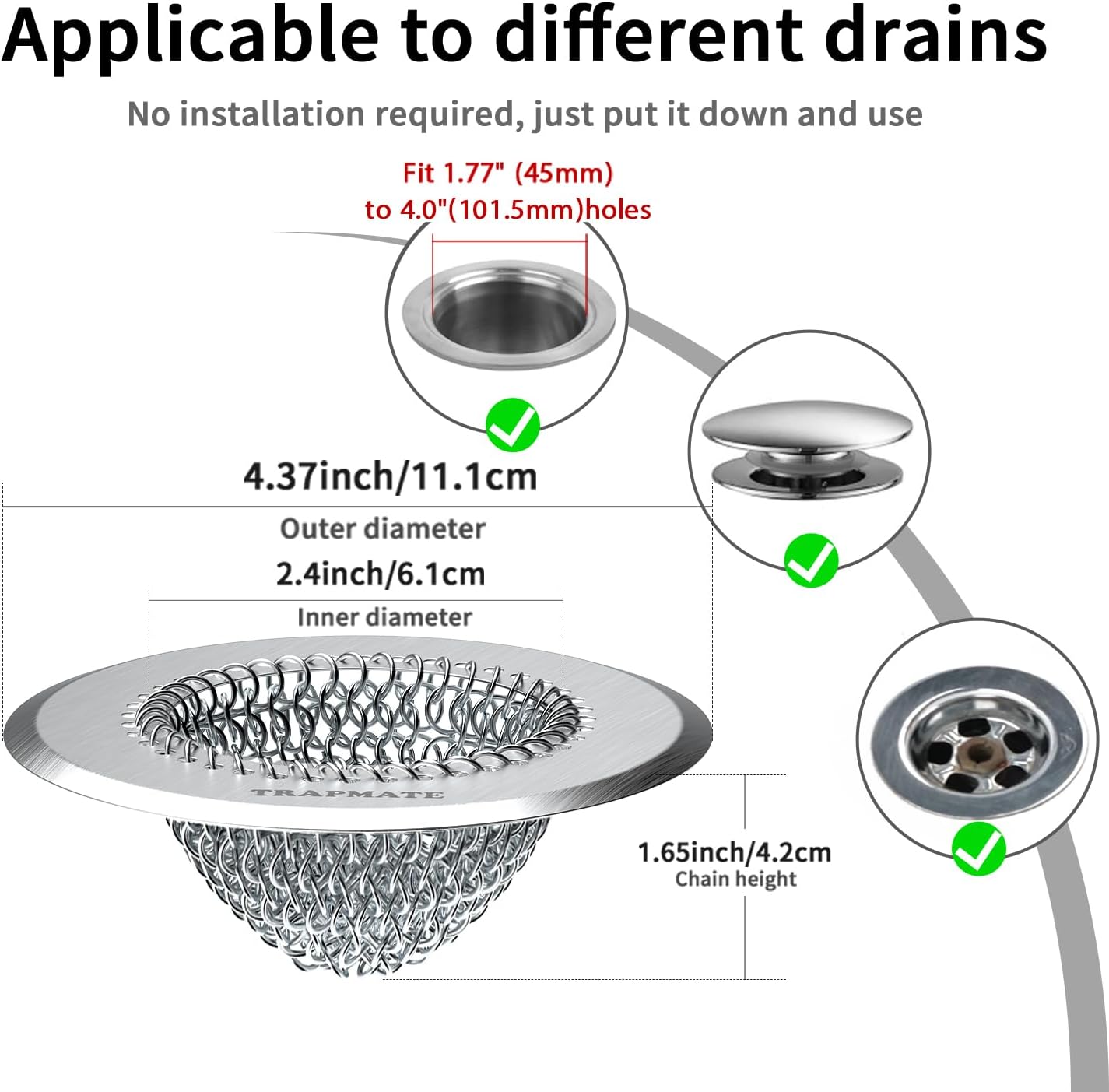 TRAPMATE Shower Drain Hair Catcher, 4.4" Easy Clean Bathtub Drain Hair Catcher, Anti-Slip Bath Tub Drain Protector, Upgraded 304 Stainless Steel Shower Sink Drain Cover for Bathroom (Patented Product)