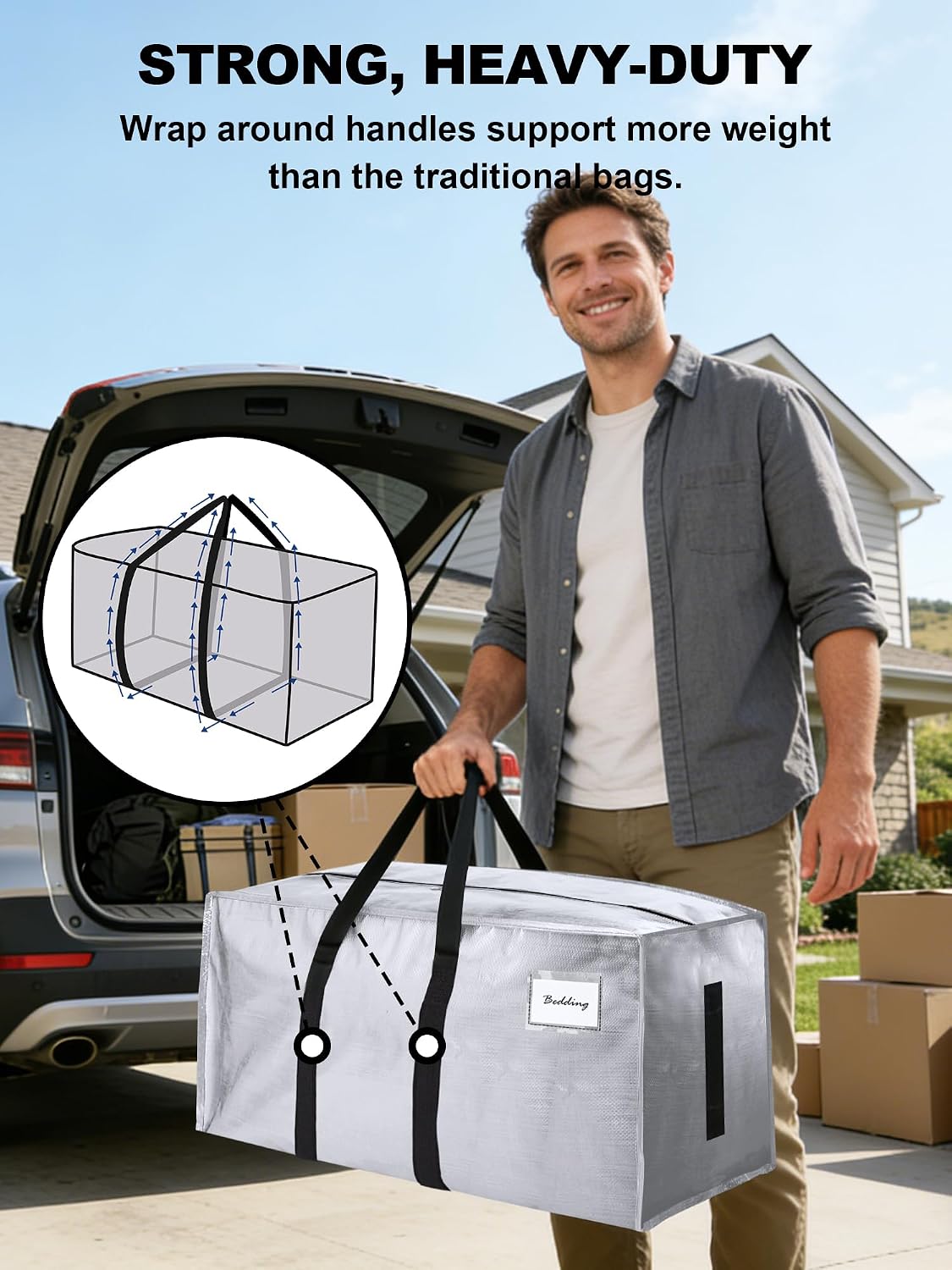 HOMESURE Supports 200lbs Heavy Duty Moving Bags - Strong Zipper & Wrap-Around Handles - Water-Resistant Storage Totes, Durable Alternative to Moving Boxes - 8 Pack - Semi-Transparent