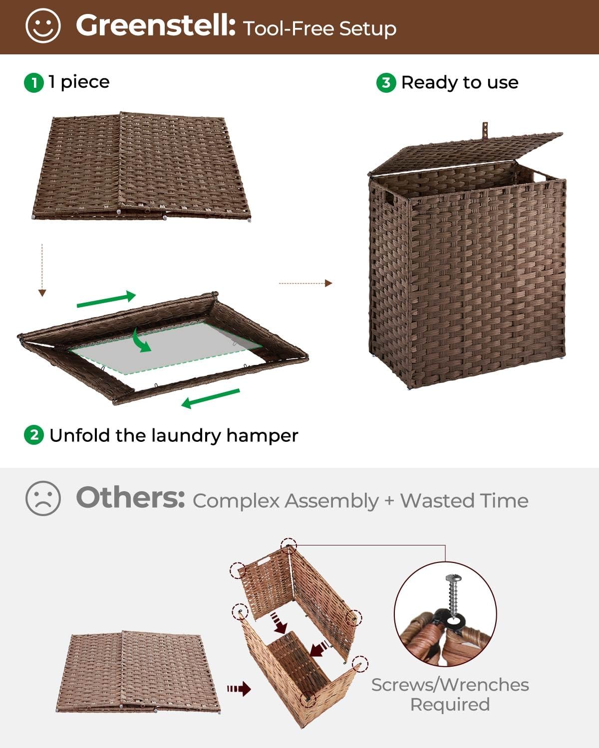Greenstell Laundry Hamper with 2 Removable Liner Bags, Foldable Divided Clothes Hamper, 90L Handwoven Rattan Laundry Basket with Lid and Handles, No Assembly Needed, 18.3x13.3x24 Inches, Black