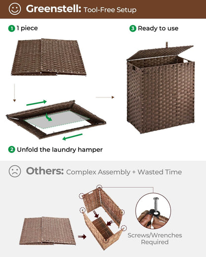 Greenstell Laundry Hamper with 2 Removable Liner Bags, Foldable Divided Clothes Hamper, 90L Handwoven Rattan Laundry Basket with Lid and Handles, No Assembly Needed, 18.3x13.3x24 Inches, Black