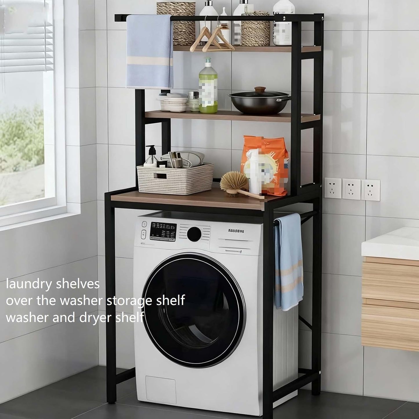 Over The Washer Storage Shelf – Space-Saving Laundry Organizer, Durable Bathroom Rack for Clutter-Free Living(Black,Two Layers)