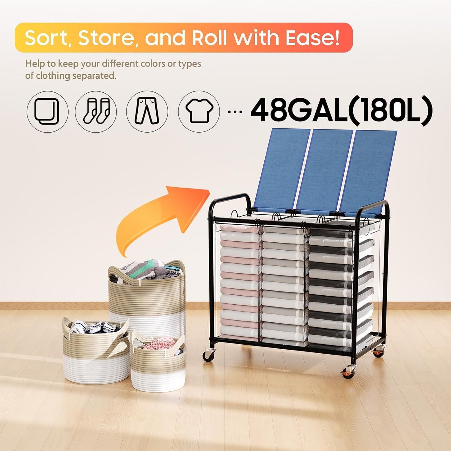 180L (47.55 Gal) Laundry Sorter 3 Section, Rolling Laundry Basket with Lockable Wheels and Lid, Laundry Hamper with 3 Separated Removable Bags Dirty Clothes Hamper for Laundry Room Organizer, Black