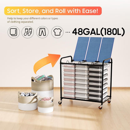 180L (47.55 Gal) Laundry Sorter 3 Section, Rolling Laundry Basket with Lockable Wheels and Lid, Laundry Hamper with 3 Separated Removable Bags Dirty Clothes Hamper for Laundry Room Organizer, Black