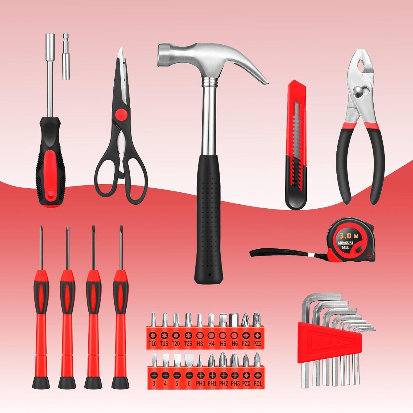 144-Piece General Household Hand Tool Kit with Plastic Toolbox Pink | Basic General Hand Tool Kit, Household Tool Set, for Home Repair, Office & College Dormitory Use, Daily Use for Women