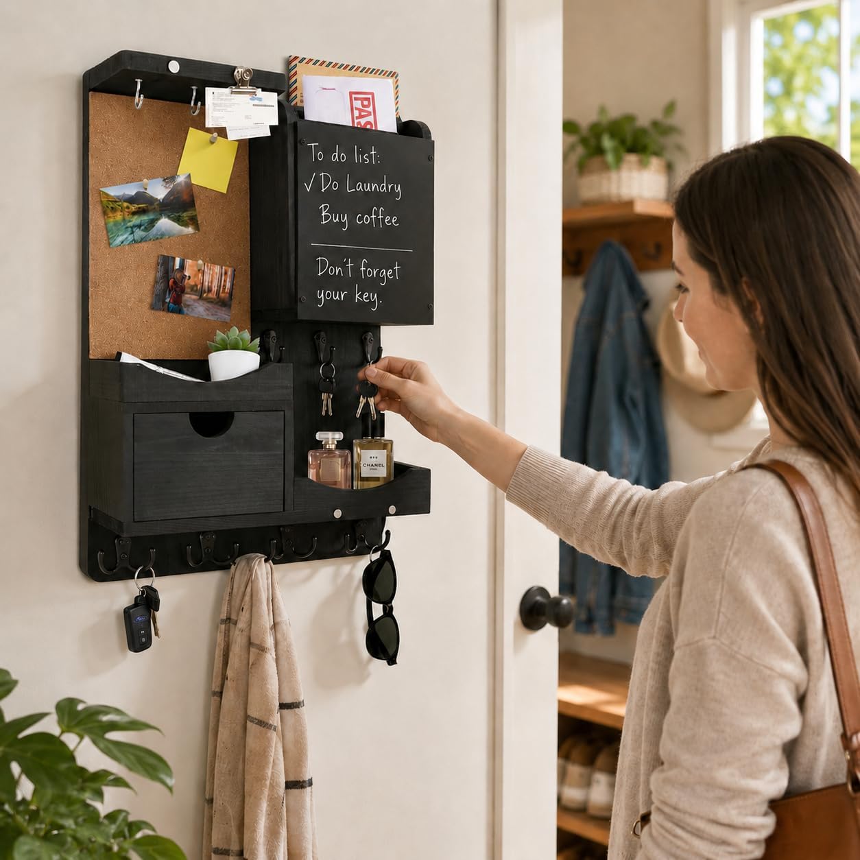 Key Holder for Wall Mount with Shelf and Mail Organizer, Key and Mail Holder with 16 Hooks, Farmhouse Entryway Organizer, Home Decor Rack (Pine Wood, Black)