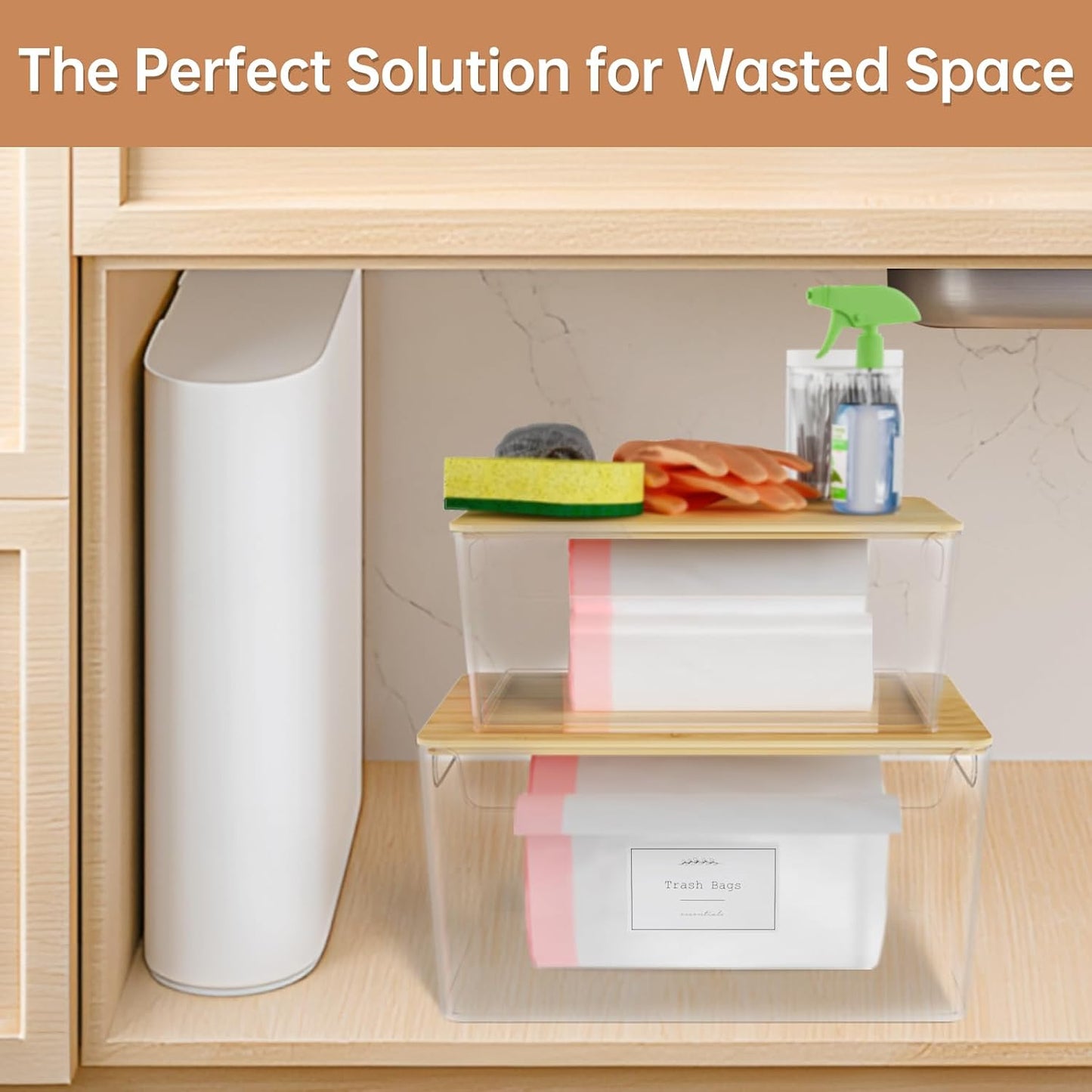 COAZEX 2 Pack Trash Bag Holder Under Sink Stackable, Plastic Garbage Dispenser with Lid, Trash Bag Storage Dispenser Roll Holder for Kitchen, Pantry, Laundry Room Organization