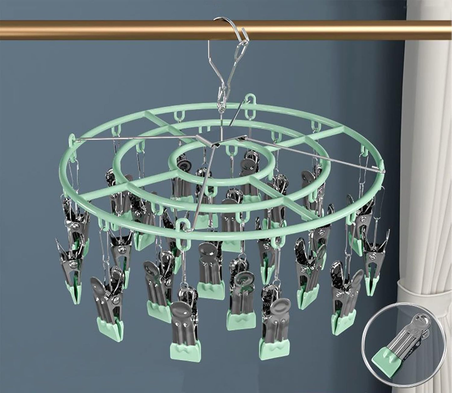 Stainless Steel Clothes Sock Drying Rack with 24 Clips, Swivel Hook Windproof Clothes Hanger Rack for Sock, Bras, Towel, Underwear, Laundry Clothes, Hat, Scarf, Pants, Gloves (Pink Clips)
