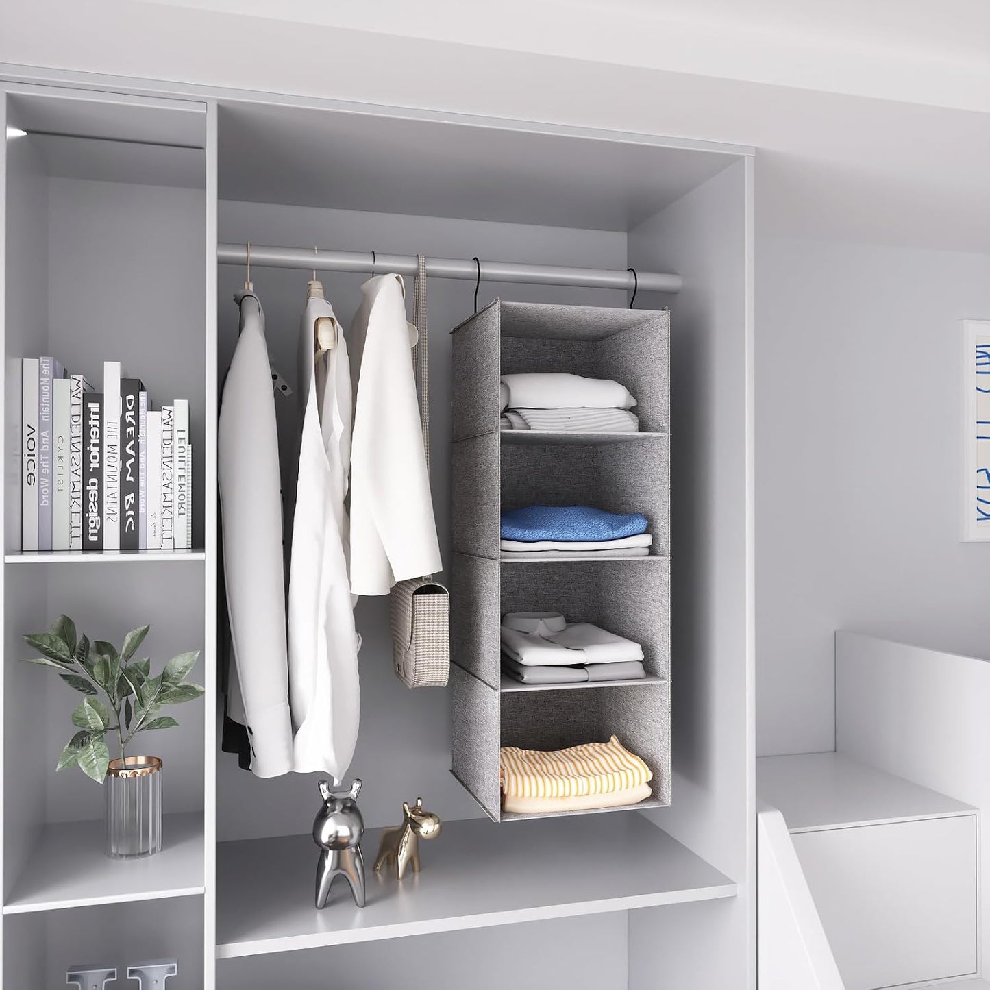 Hanging Closet Organizer 3-Shelf, Oxford Fabric Wardrobe Storage, Gray | Easy-mount foldable design holds clothes, handbags, shoes & accessories; washable Oxford fabric, sturdy and space-saving.