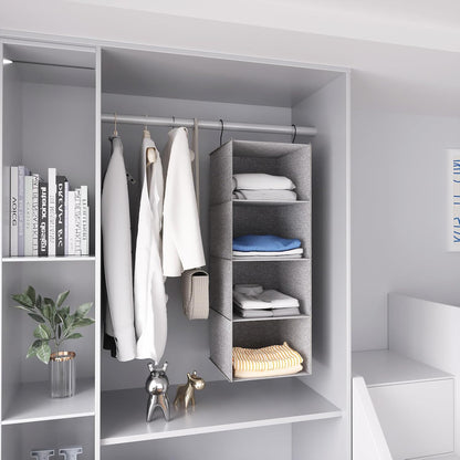 Hanging Closet Organizer 3-Shelf, Oxford Fabric Wardrobe Storage, Gray | Easy-mount foldable design holds clothes, handbags, shoes & accessories; washable Oxford fabric, sturdy and space-saving.