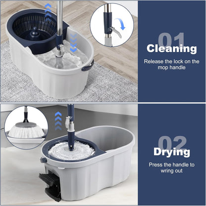 Spin Mop and Bucket System with180-Degree Rotating Head Telescopic Handle Dual Chamber Bucket Floor Cleaning Set with 3 Mop Refills Dual-Function Wringing Hand-Press and Foot-Pedal