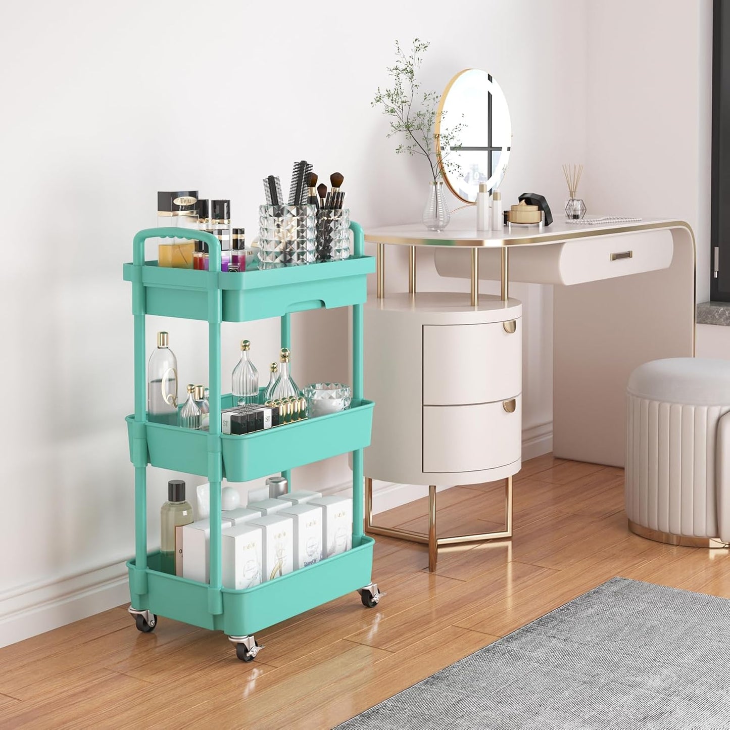 Calmootey 3-Tier Rolling Utility Cart with Drawer,Multifunctional Storage Organizer with Plastic Shelf & Metal Wheels,Storage Cart for Kitchen,Bathroom,Living Room,Office,White