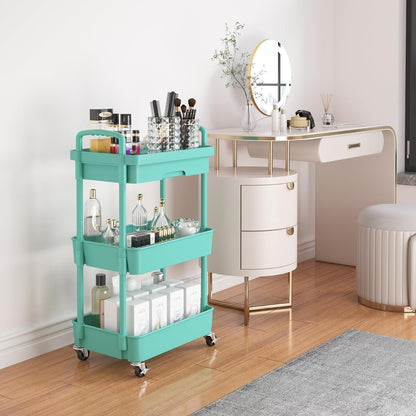 Calmootey 3-Tier Rolling Utility Cart with Drawer,Multifunctional Storage Organizer with Plastic Shelf & Metal Wheels,Storage Cart for Kitchen,Bathroom,Living Room,Office,White